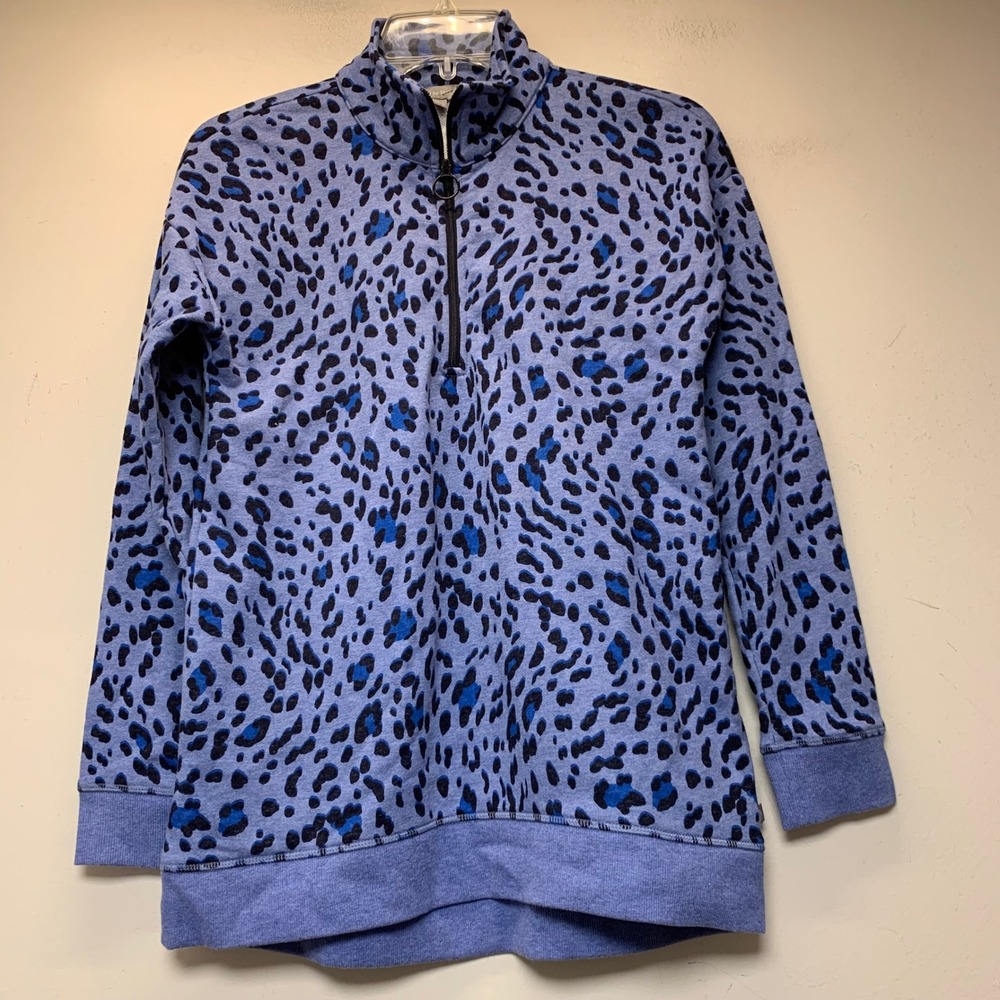 T by Talbots Pullover Women P Blue Excellent Leopard Print 1/4 Zip French Terry